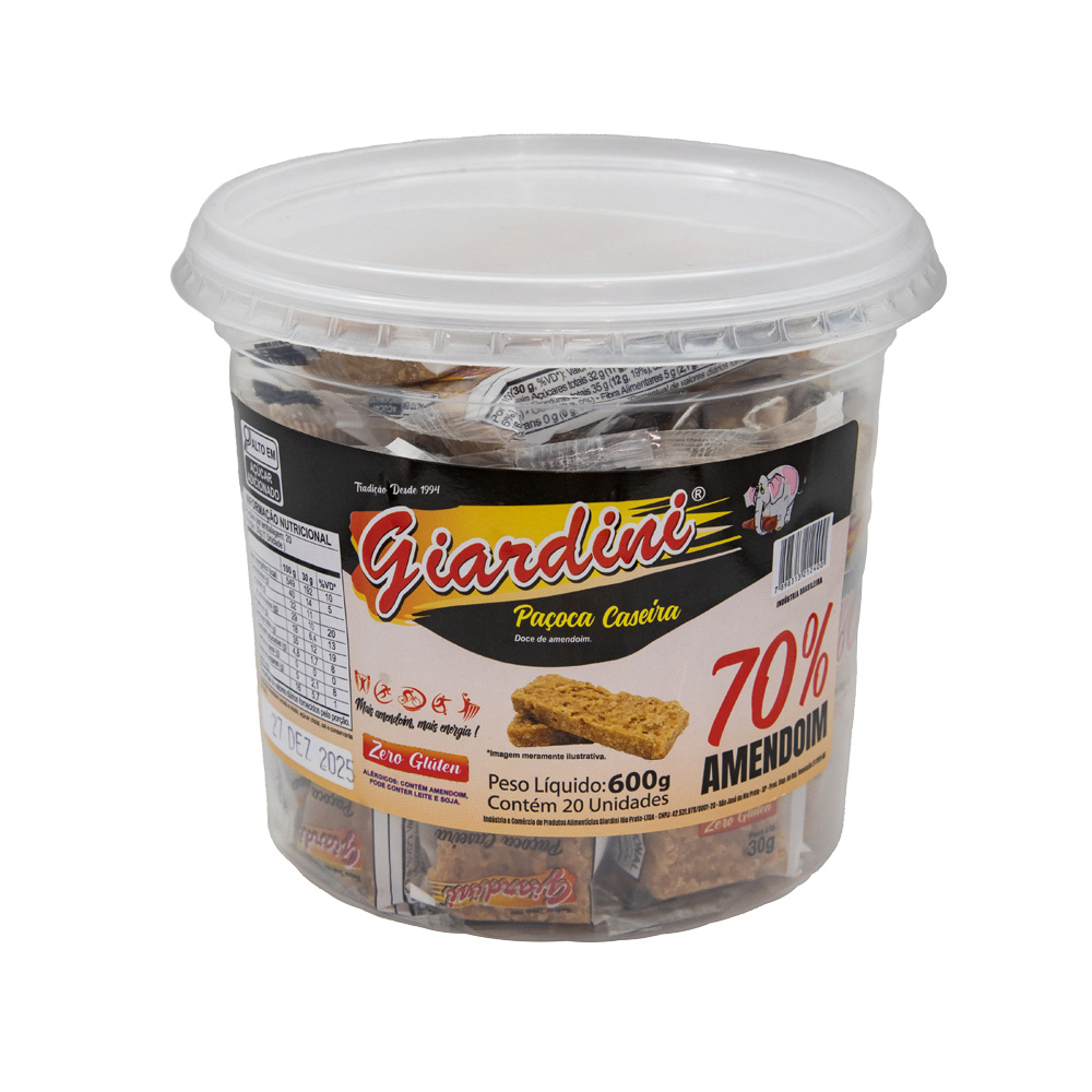 Paçoca Caseira 70% Amendoim - Pote Com 20 Unidades